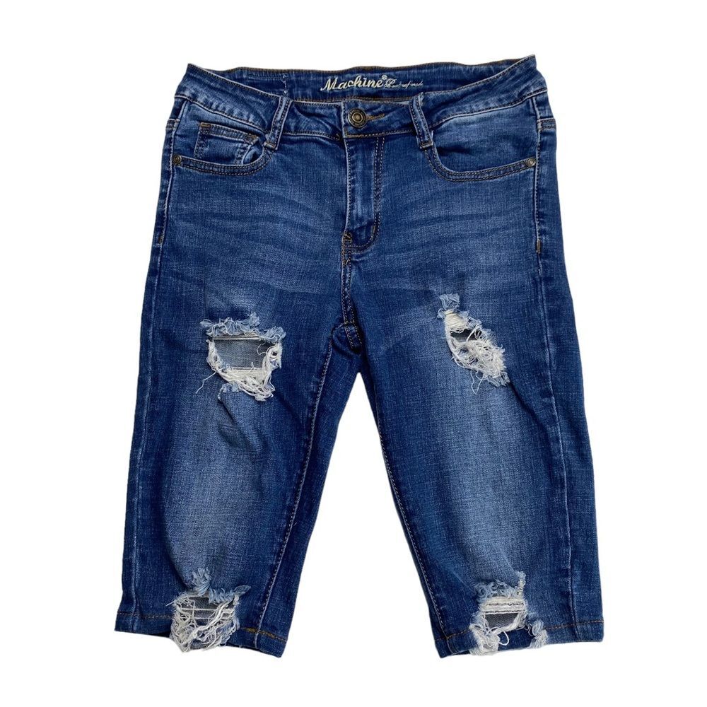 Machine Distressed Stretch Denim Bermuda Shorts Blue Sz 28